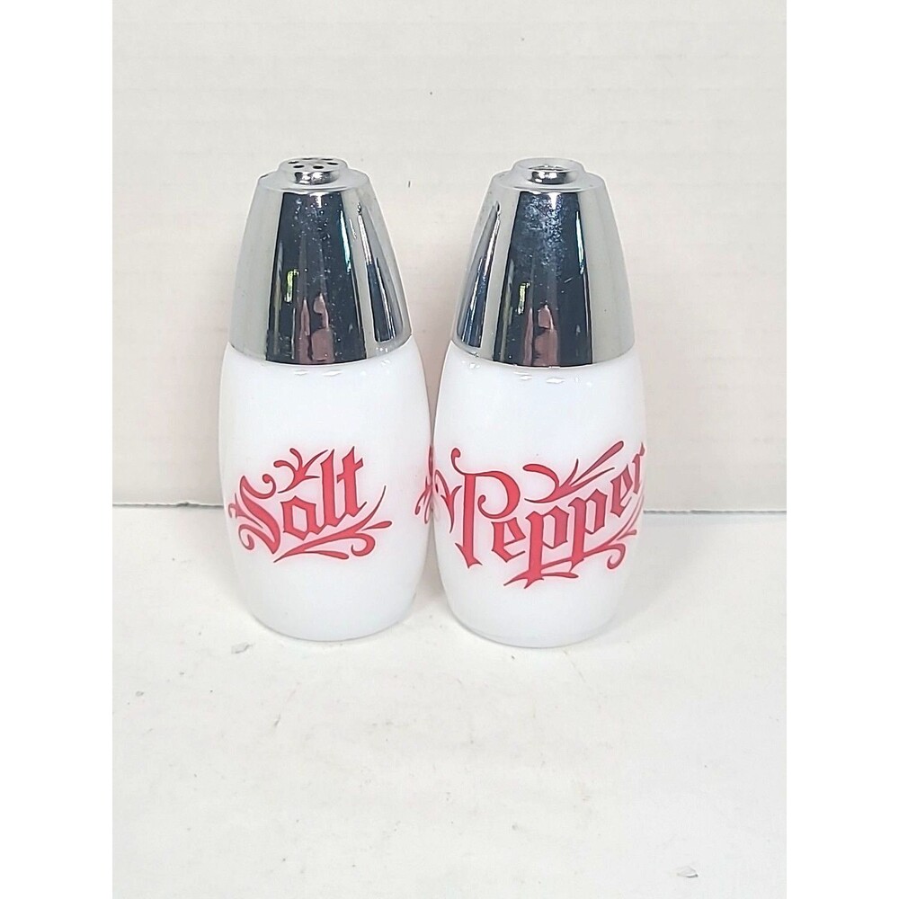 Gemco White Milk Glass with Red Script and Silver-Tone Lids Vintage MCM